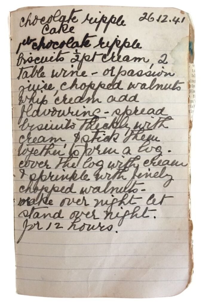 choc ripple cake recipe handwritten