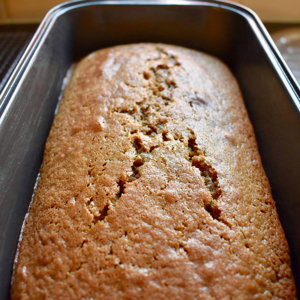 cooked coffee cake in bar tin