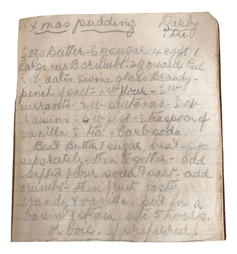 Nana Ling's handwritten boiled christmas pudding recipe