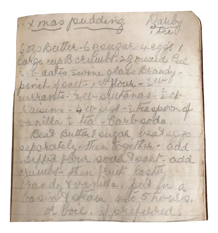 Nana Ling's handwritten boiled christmas pudding recipe