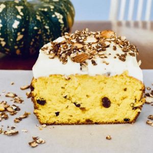 pumpkin cake cut on serving board