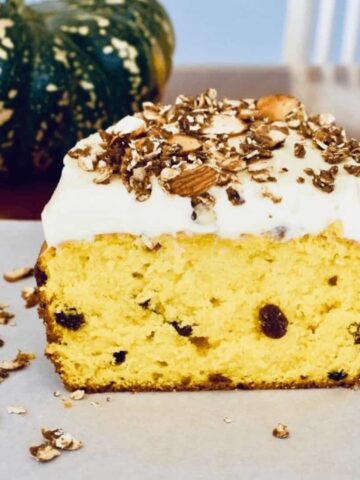 pumpkin cake cut on serving board