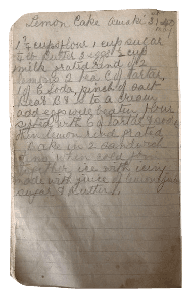 Nana Ling's handwritten lemon cake recipe
