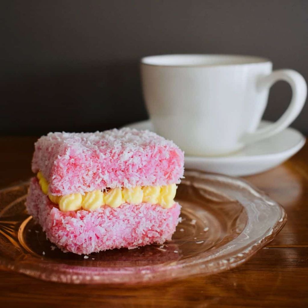 jelly lamingtons with a cup of tea