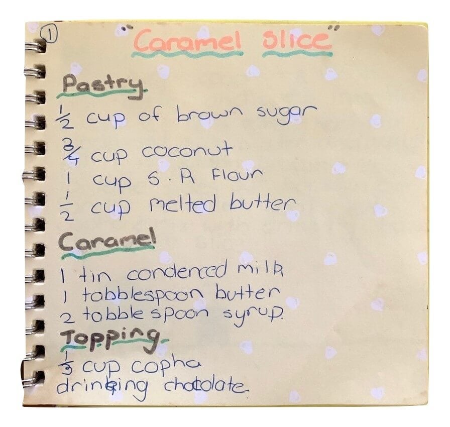 hand written caramel slice recipe from my mum's cookbook