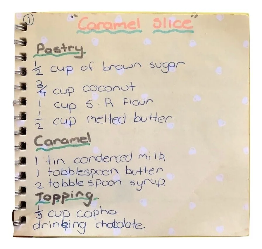 hand written caramel slice recipe from my mum's cookbook