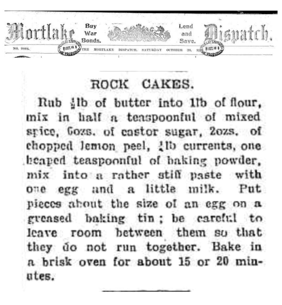 newspaper clipping of rock cakes recipe.