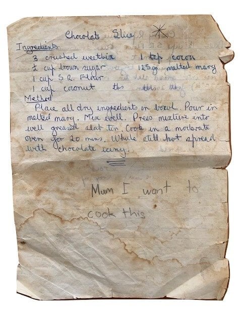 handwritten weetbix slice recipe.