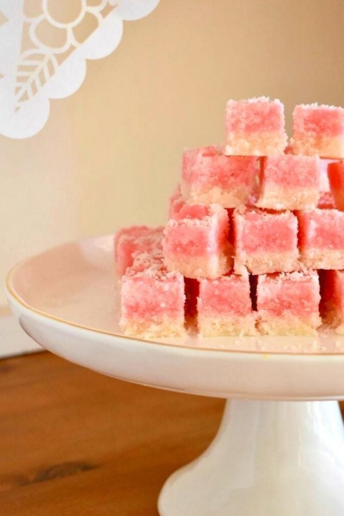 coconut ice on cake stand