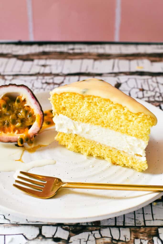 Slice of Passionfruit Sponge cake.