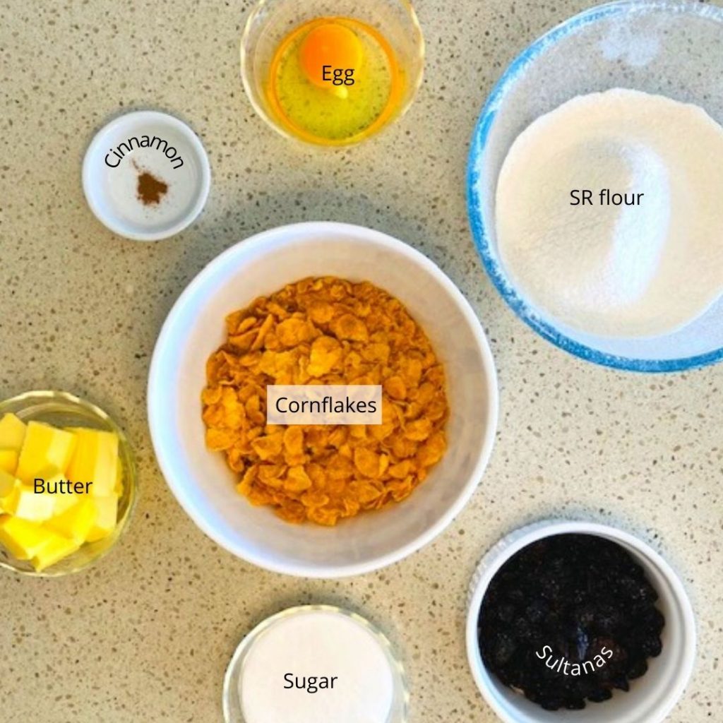 cornflake cookies ingredients, on bench overhead shot