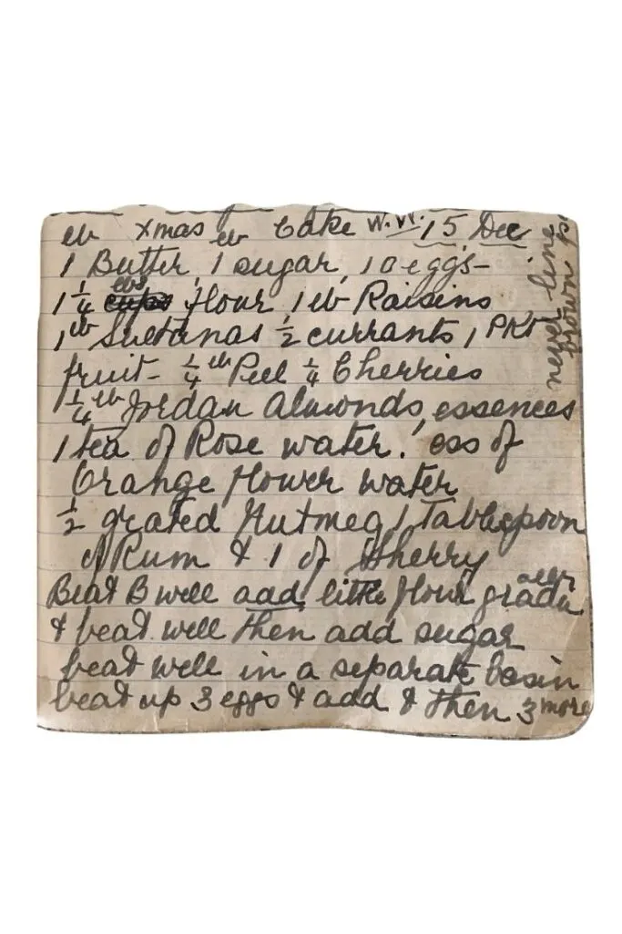 floral fruit cake recipe handwritten
