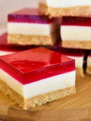 jelly slice sitting on timber board