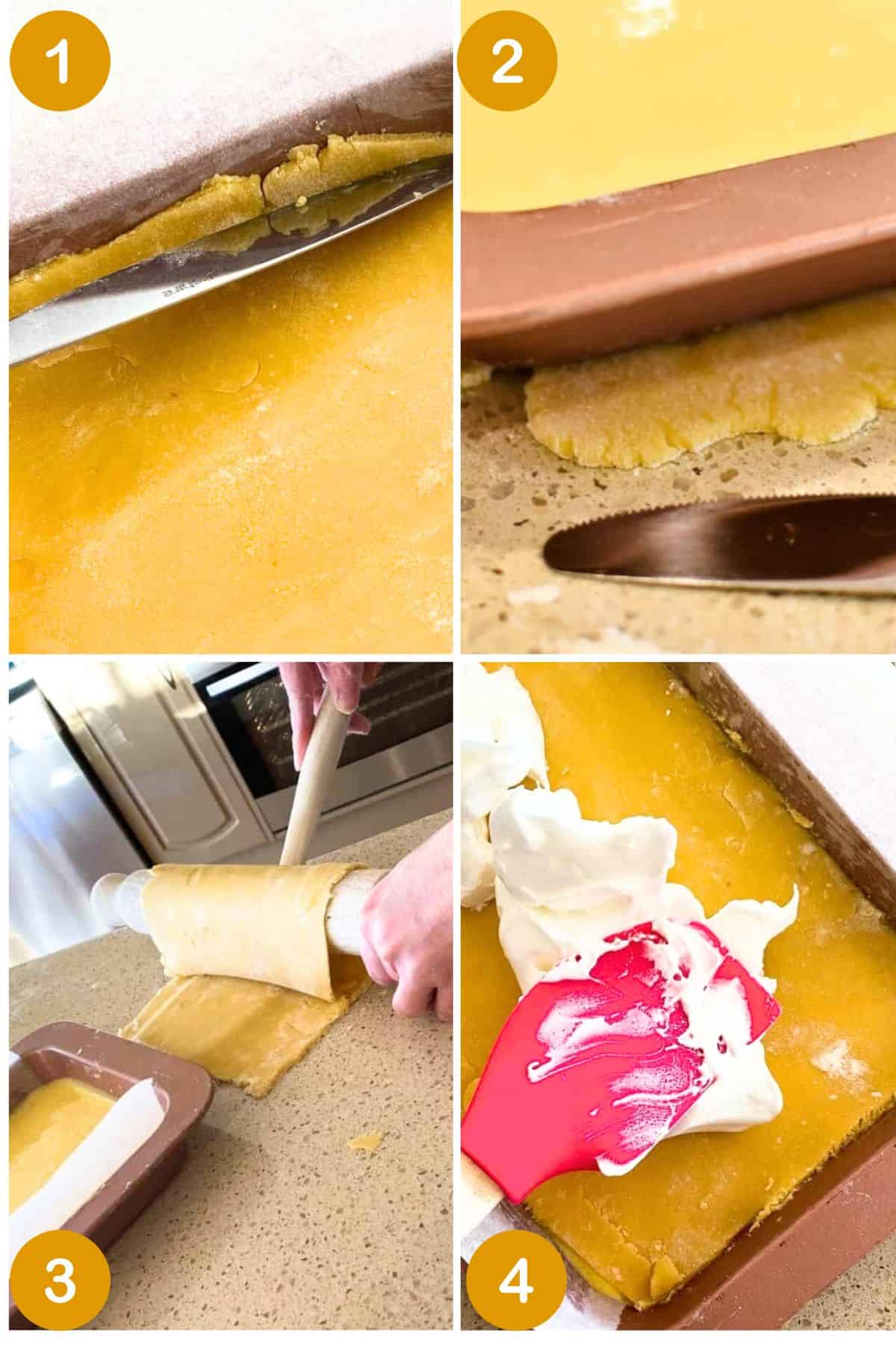 Collage showing steps in making lemon meringue slice.