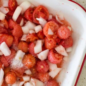 tomatoes and onion in tray with salt