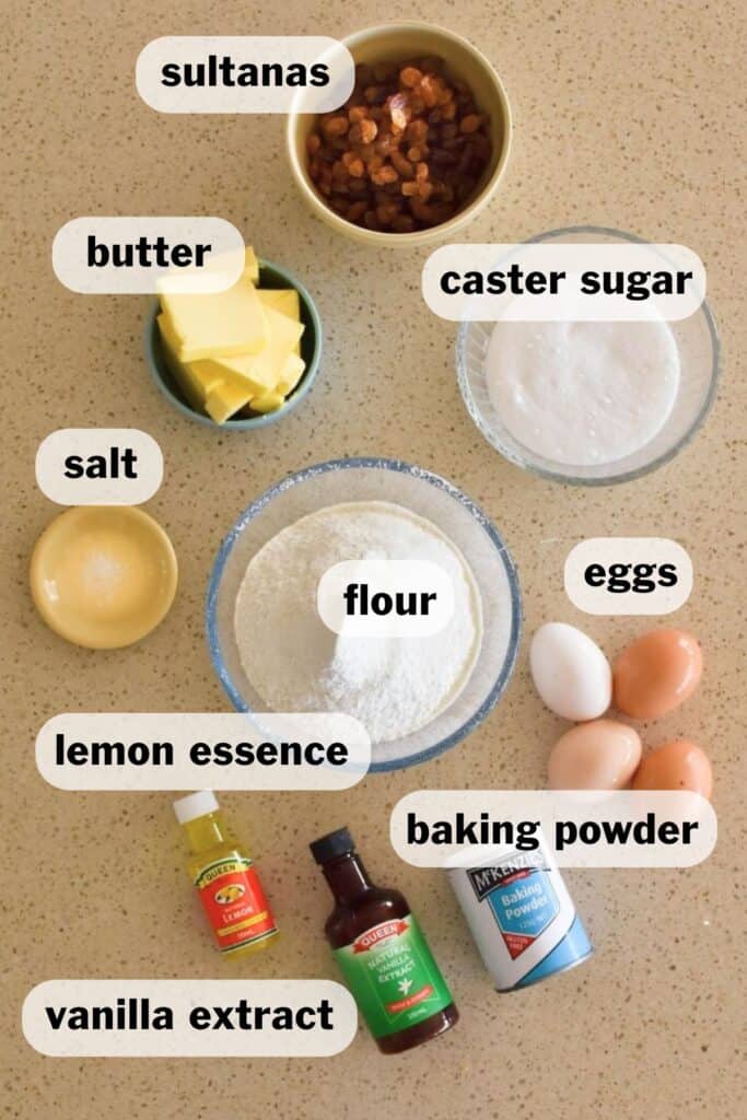 Sultana Cake ingredients.