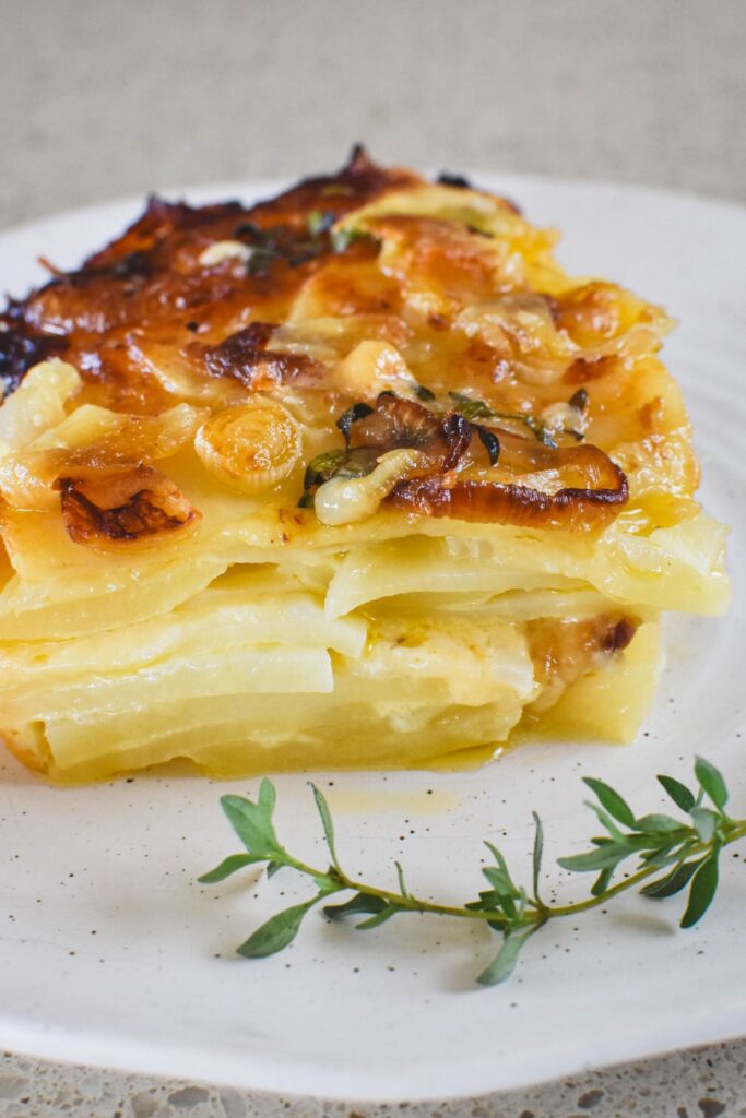 potato bake on plate showing layers of potato, cream, onion and cheese.