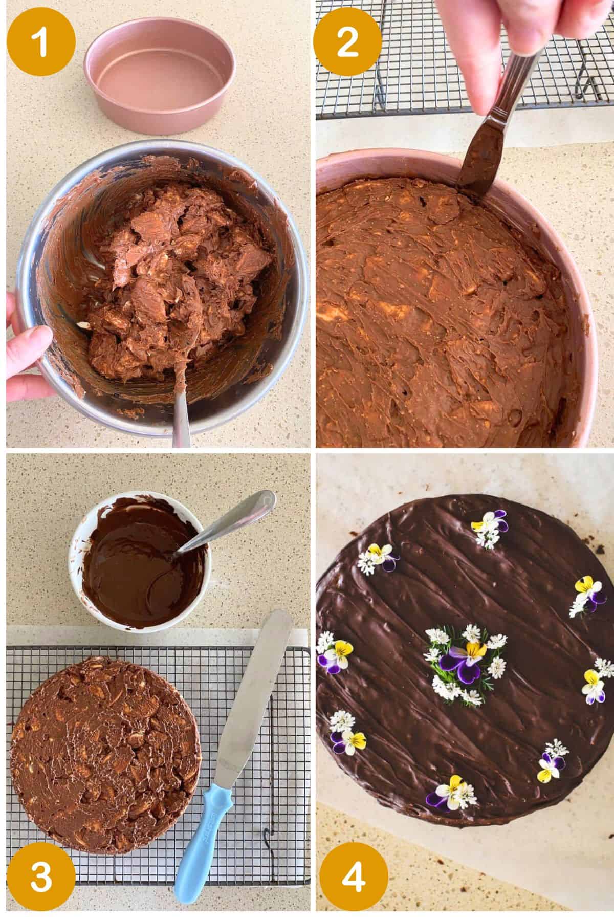 Collage showing how to make a chocolate biscuit cake.