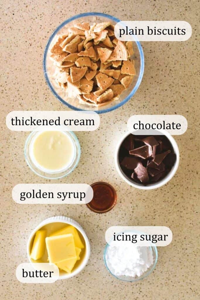 Ingredients for chocolate biscuit cake.
