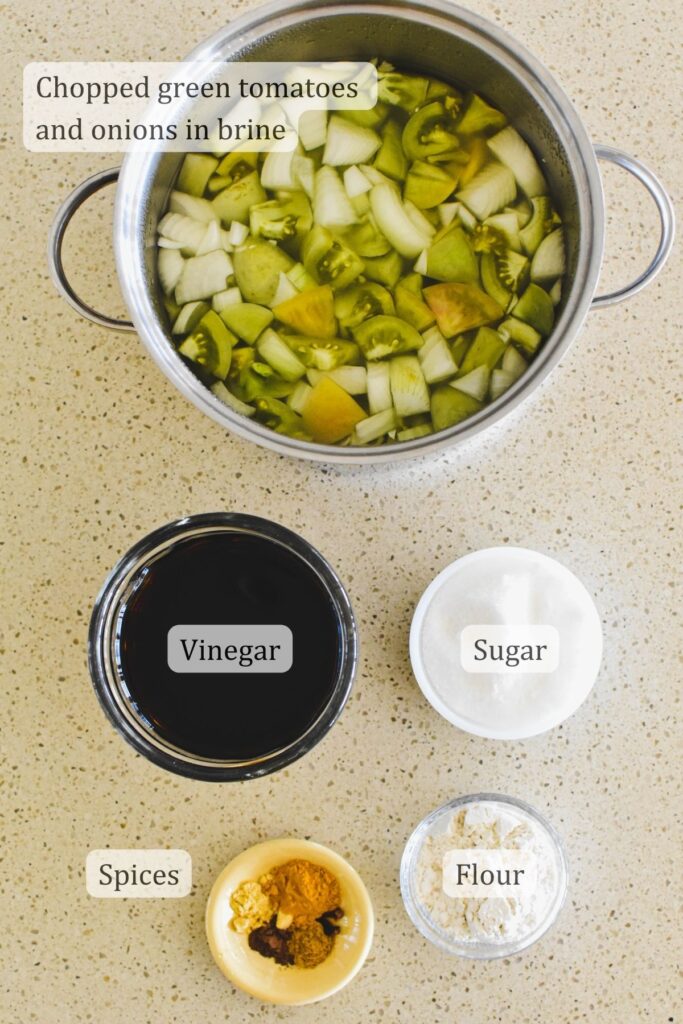 ingredients for green tomato pickles.