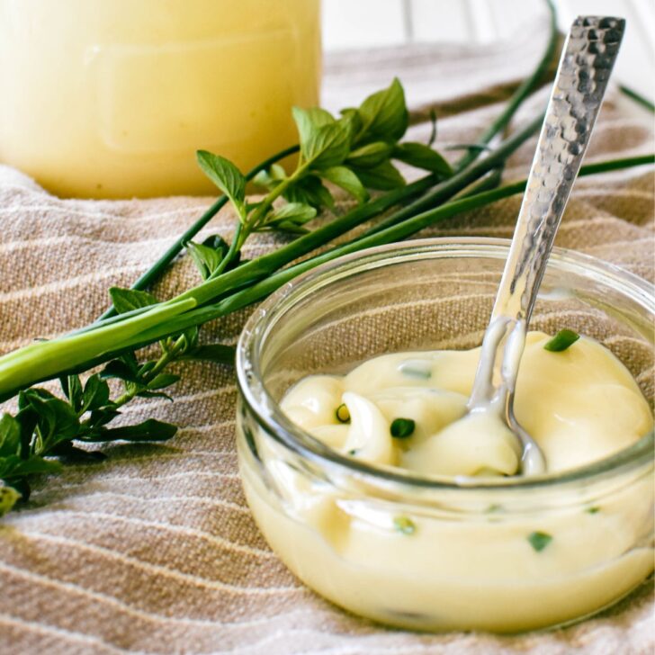 condensed milk mayo in dish with whole jar in background.
