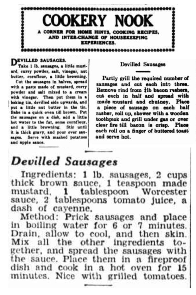 old newspaper clippings for devilled sausages recipes.
