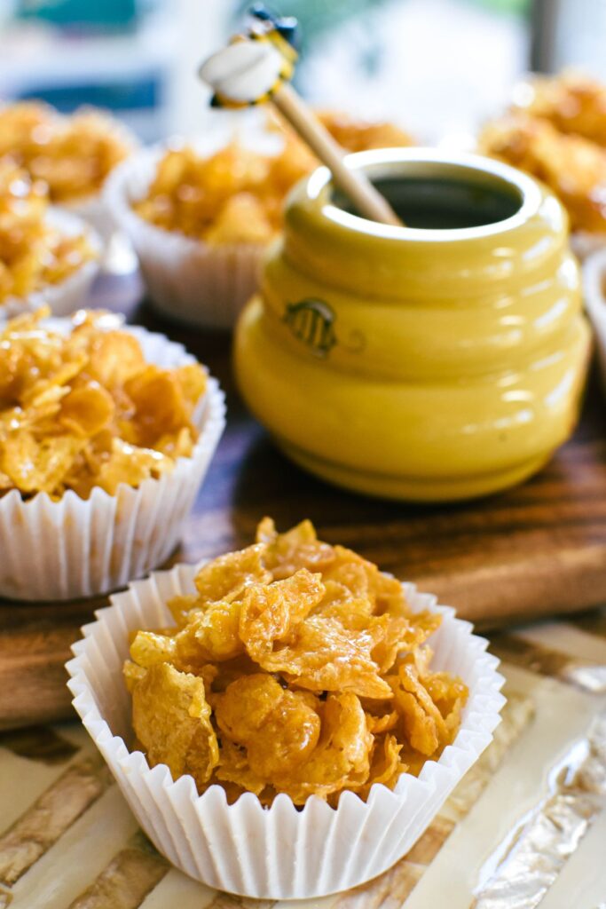 honey joys on table with honey pot.