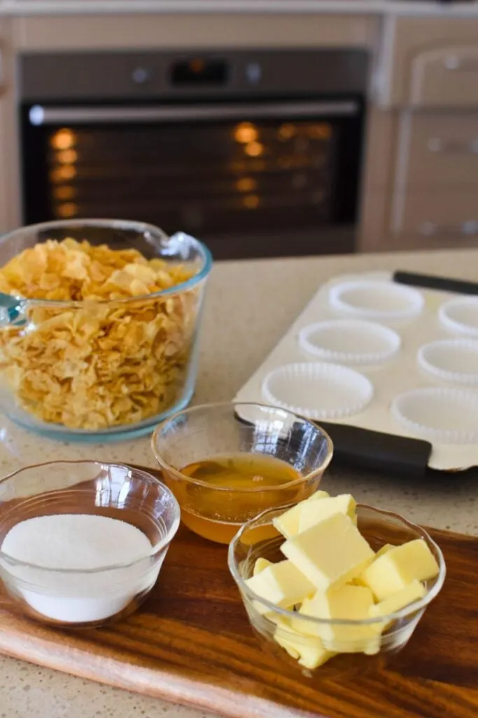 Ingredients for honey joys sitting on kitchen bench.