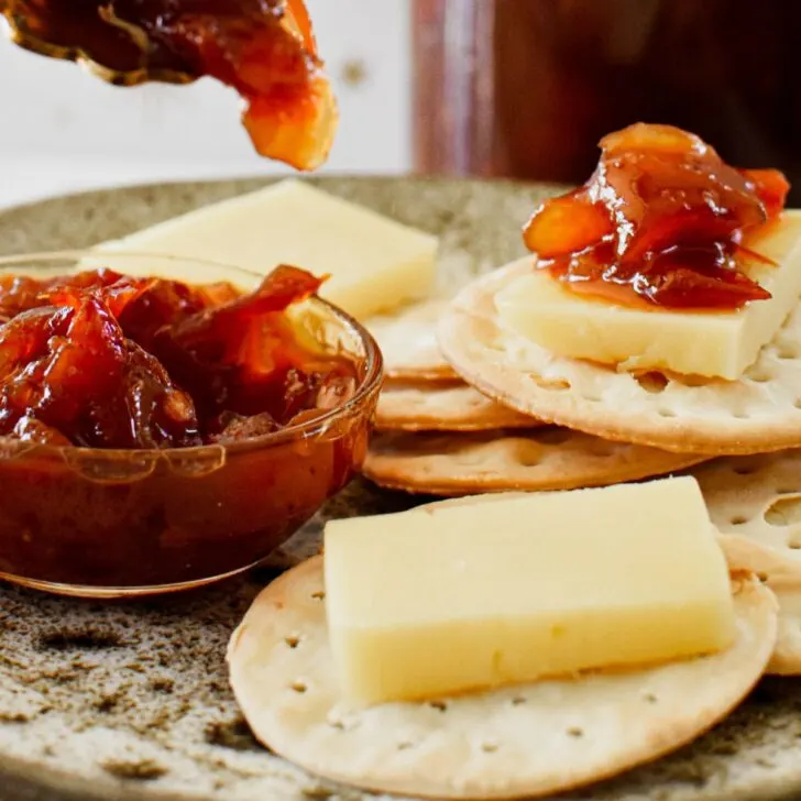 tomato chutney on cracker.