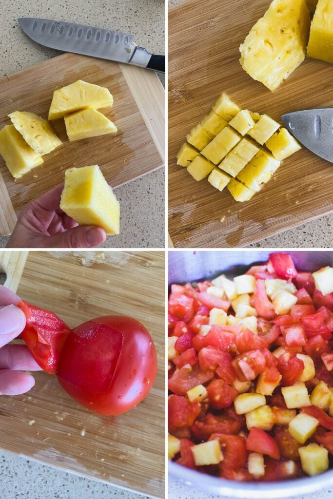 Four pictures showing the steps of making tomato jam.