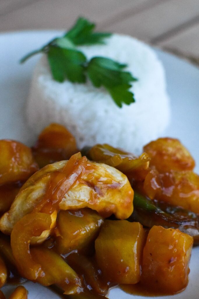 hawaiian chicken on plate with rice