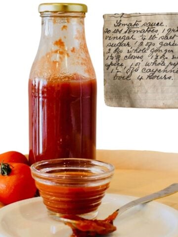 tomato sauce and handwritten recipe for tomato sauce.