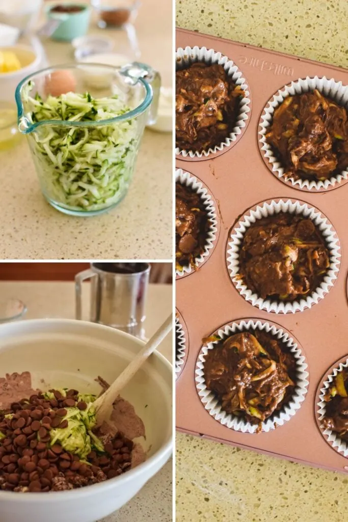 making zuchhini choc muffins collage