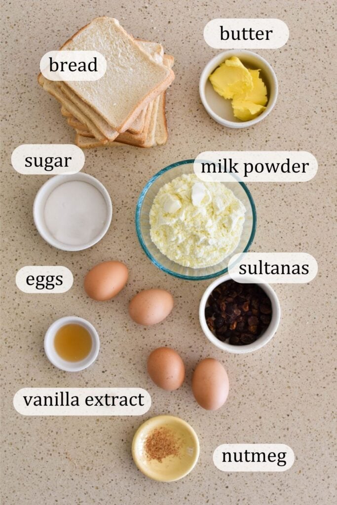 ingredients for bread and butter pudding