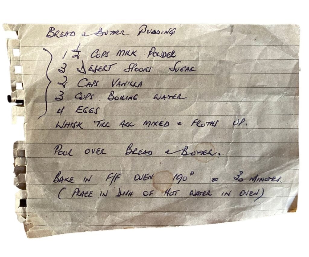 Handwritten recipe for bread and butter pudding.