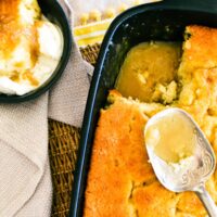butterscotch self saucing pudding in baking dish.