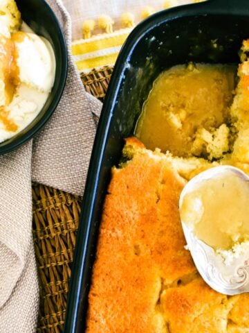 butterscotch self saucing pudding in baking dish.