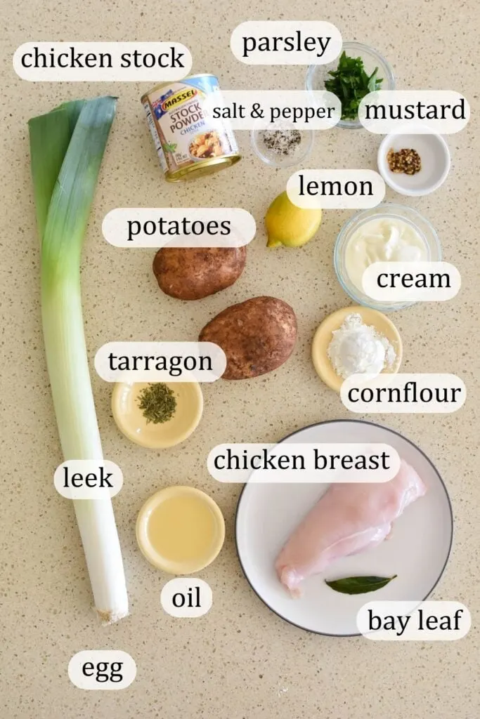 Chicken and leek pie ingredients on kitchen bench.
