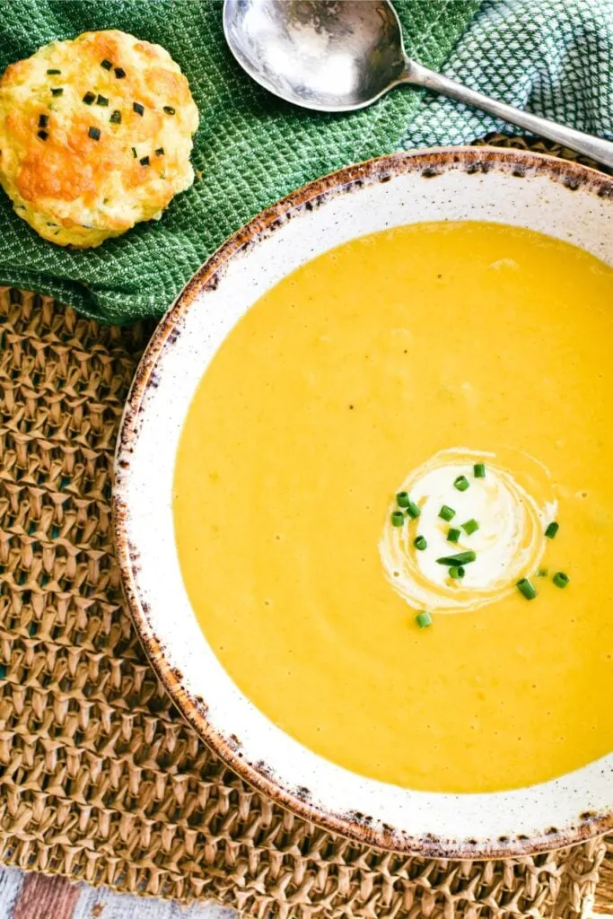 classic and creamy pumpkin soup in bowl.