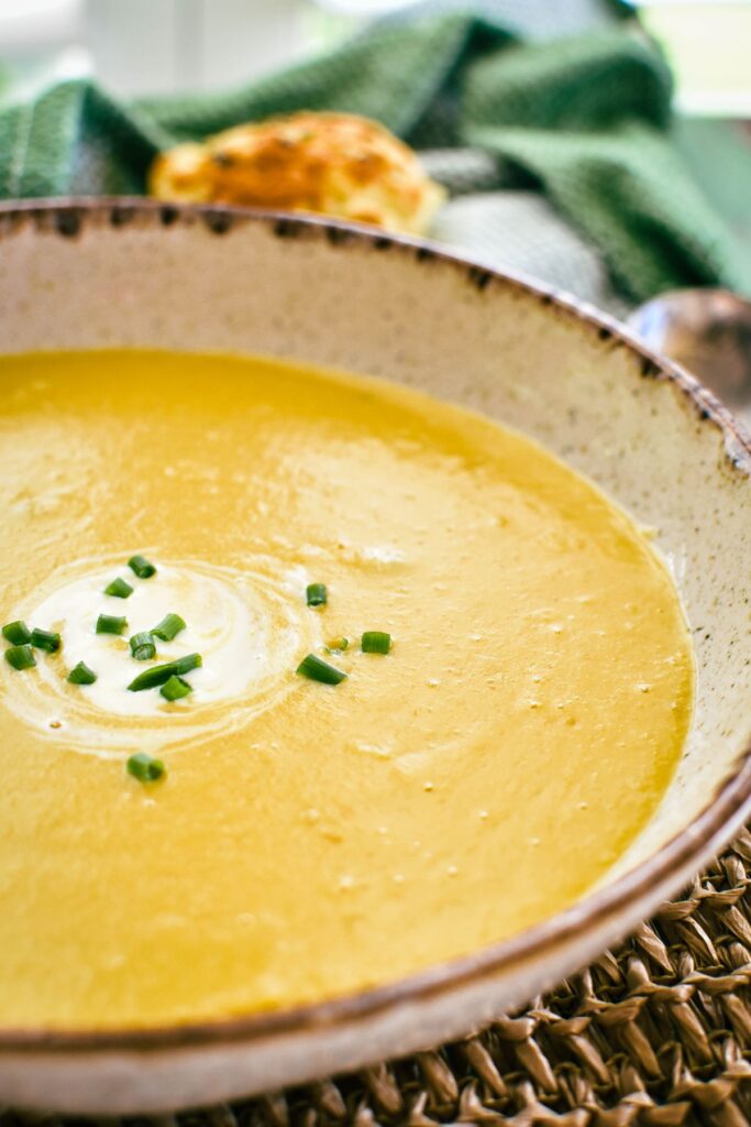 pumpkin soup on bowl.