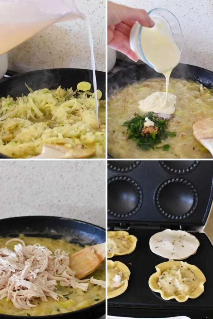 Collage showing how to make chicken and leek pie.
