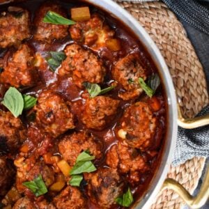 meatballs in baking dish.