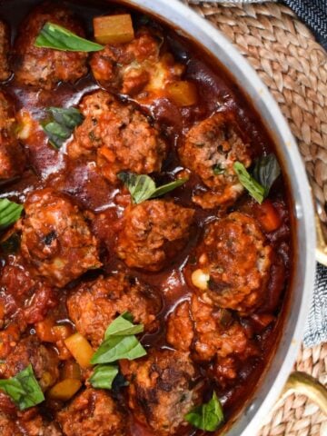 meatballs in baking dish.