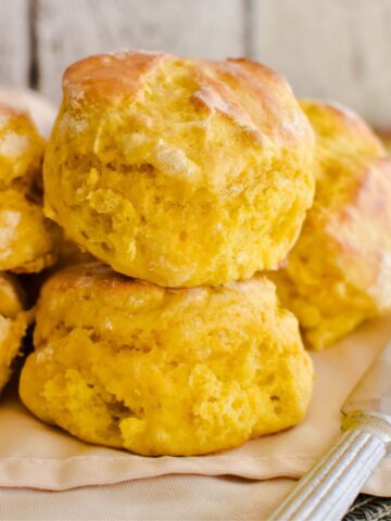 pumpkin scones on tea towel.