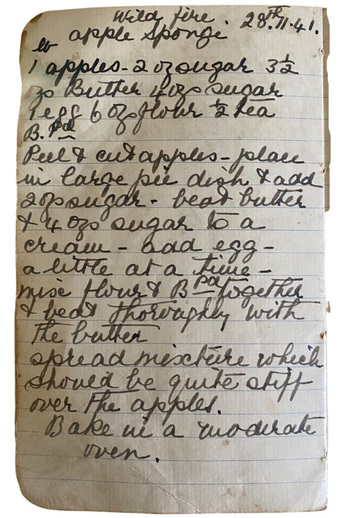 handwritten apple sponge recipe.