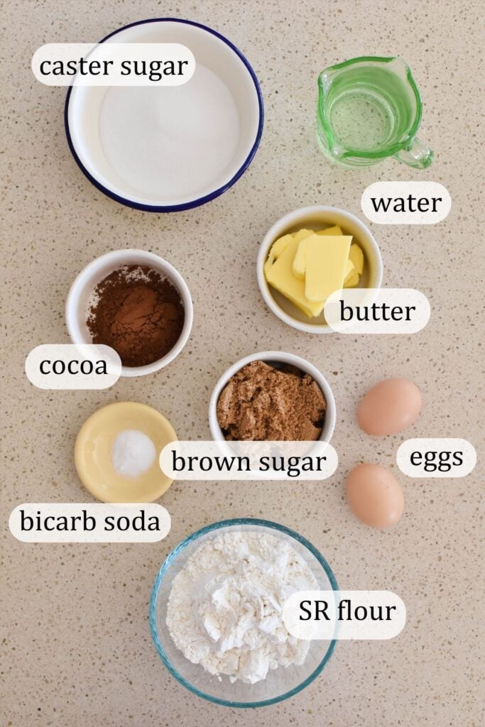 ingredients for boiled chocolate cake.
