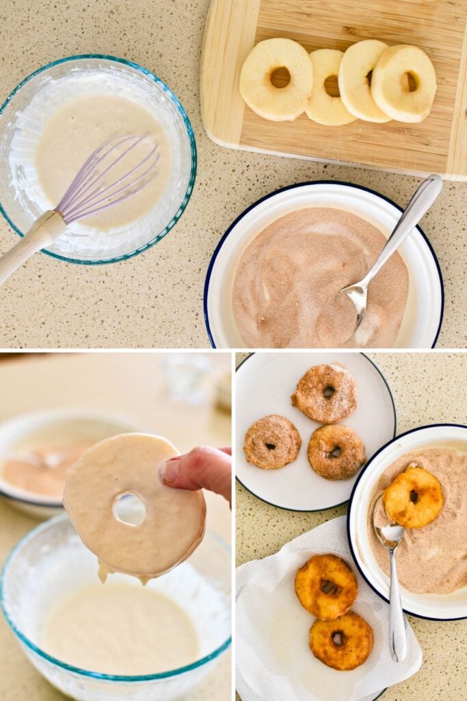 making apple fritters in 3 pictures - apple rings and batter, apple rings dipped in batter and then cooked apple rings being coated in cinnamon sugar.