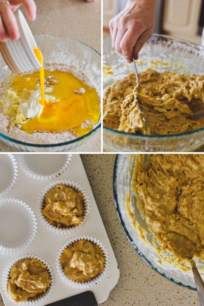 pictures showing steps to make apple cinnamon muffins.