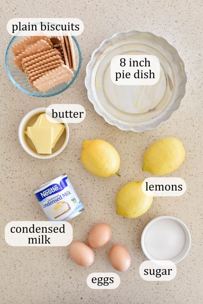 ingredients for lemon meringue pie on kitchen bench.
