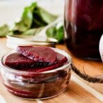 pickled beetroot in condiment jar.